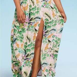 NWOT Kona Sol Tropical Floral Smocked Waist Double Slit Maxi Skirt Cover Up L